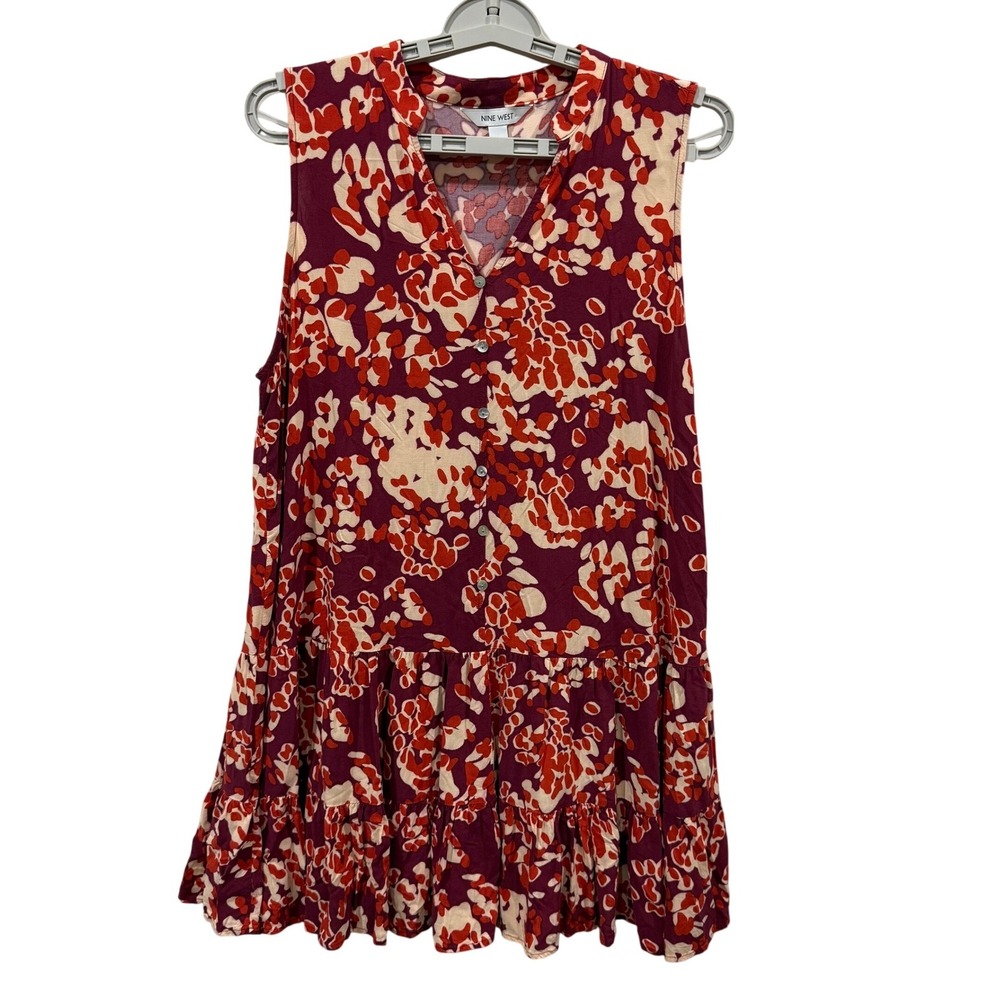 Nine‎ West Womens Large Burgundy Red Floral Sleeveless Tiered flared dress
